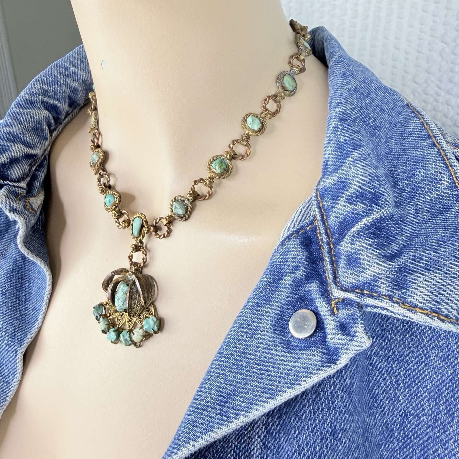 Vintage Possibly Antique Chinese Import Filigree Turquoise Pendant Necklace