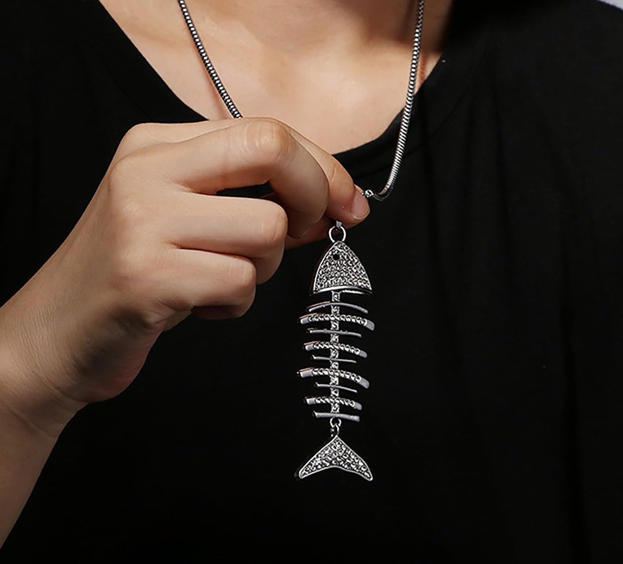 Large Vintage Rhinestone Fishbone Stainless steel Necklace