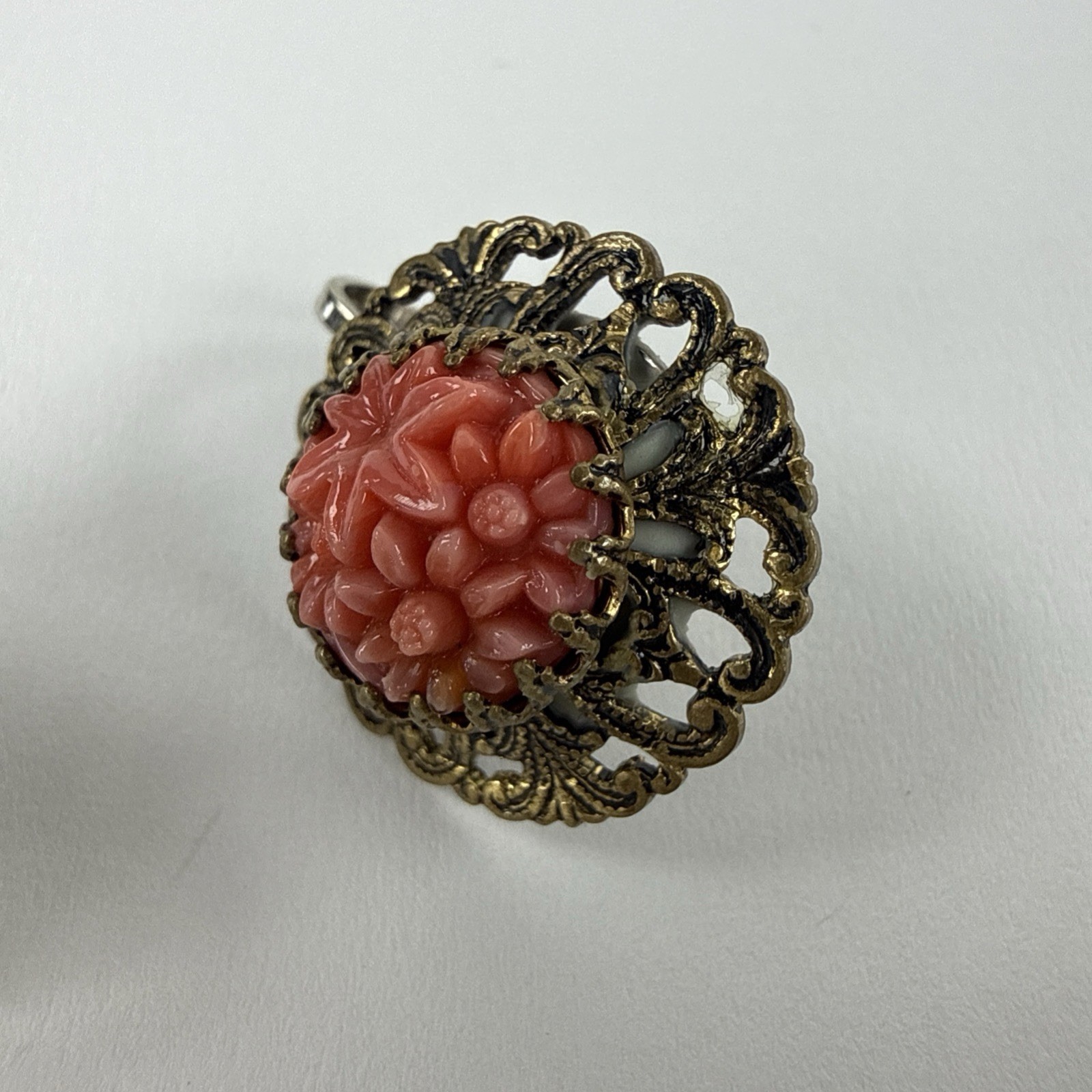 Coral Color Celluloid Flower Filigree Necklace Brooch Earring Set Art Deco Czech