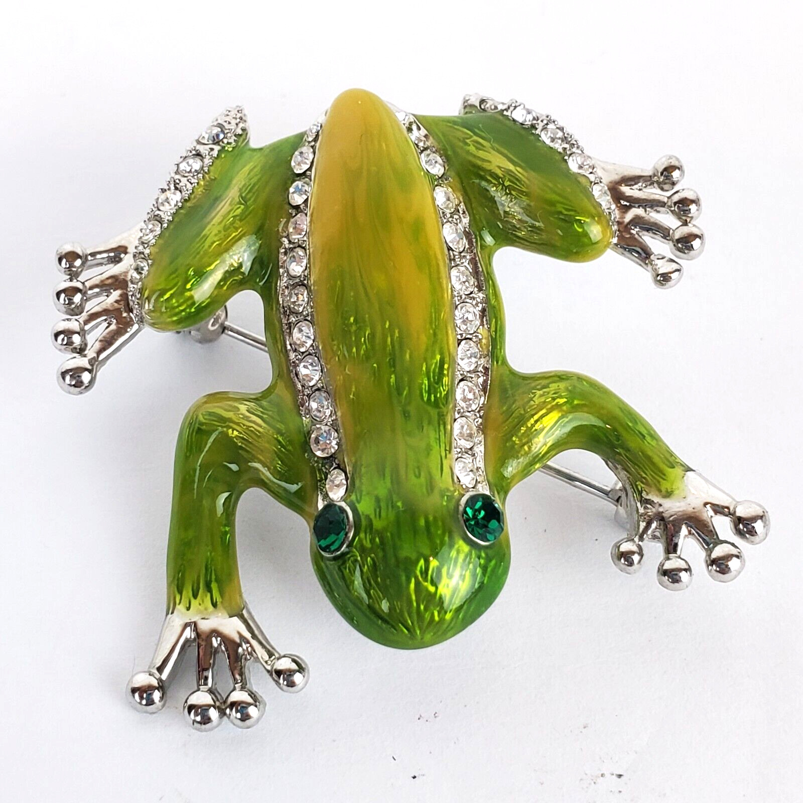 Silver Tone Green Yellow Enamel Clear Green Rhinestones Tree Frog Pin Brooch