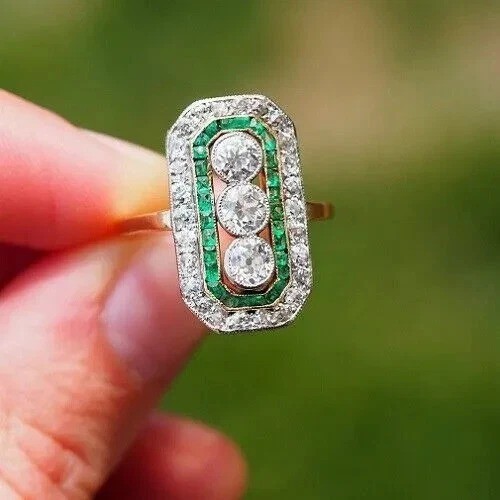 Art Deco Style Lab Created Diamond Emerald 14K Yellow Gold FN Engagement Ring