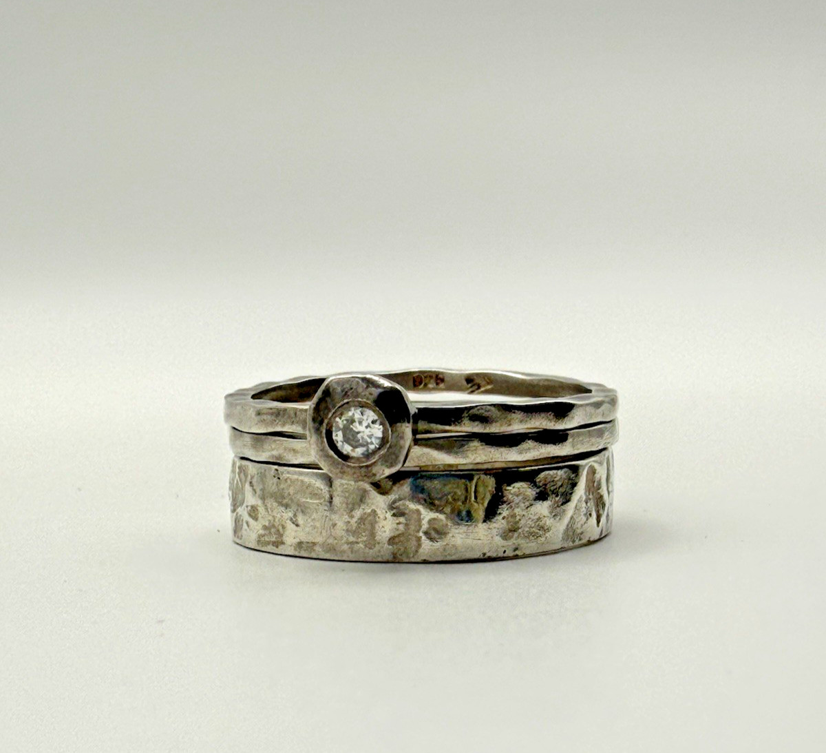 Silpada 925 Sterling Silver Stackable Ring Set Hammered CZ Size 8 Vintage