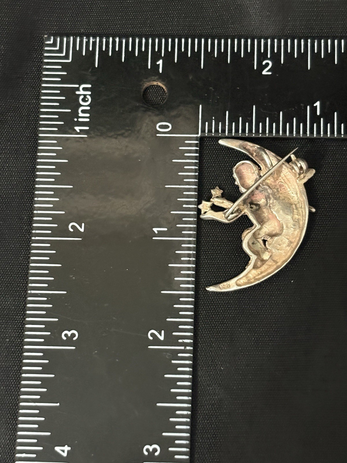 Vintage Sterling Silver Brooch Pendant Cherub Crescent Moon Celestial 8g 1.5”