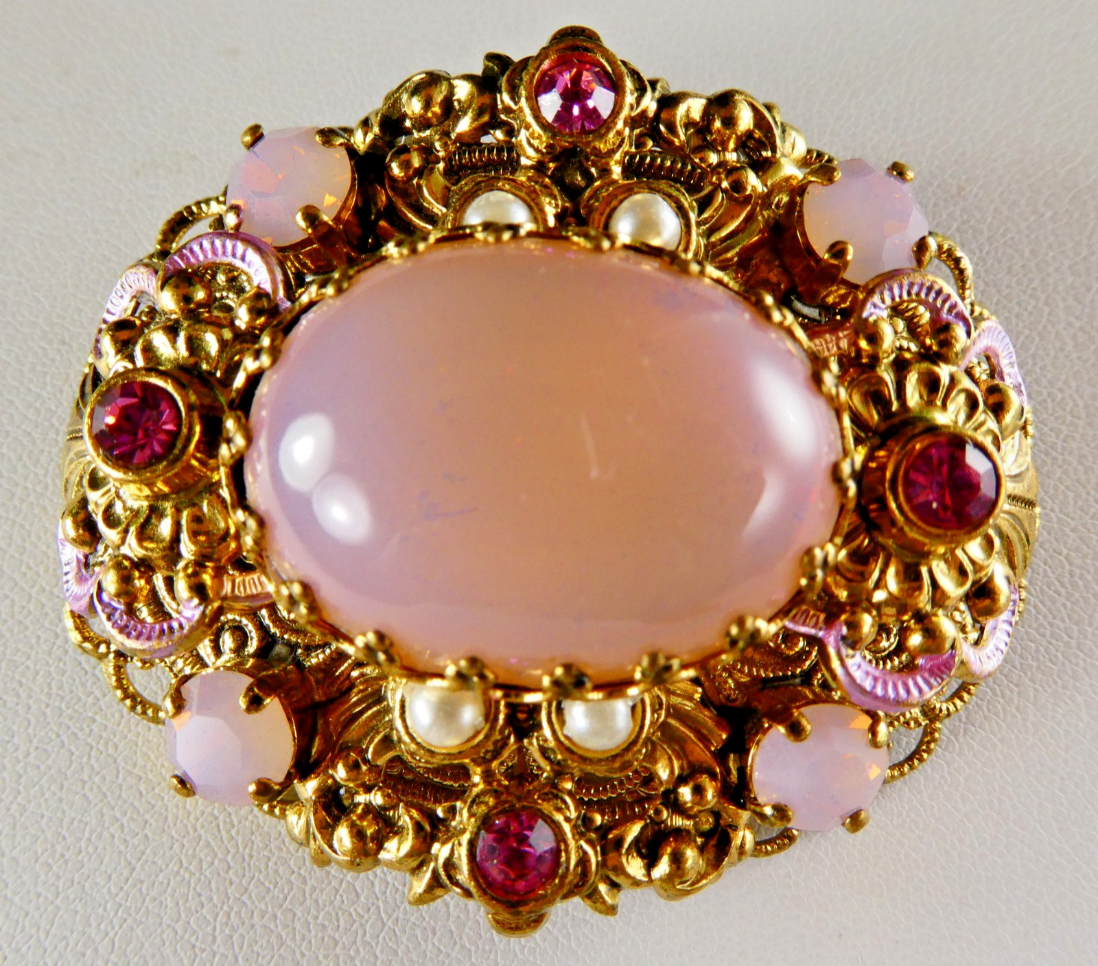 Vintage West Germany Opaline Pink Glass & Rhinestone Filigree Pin Brooch Oval
