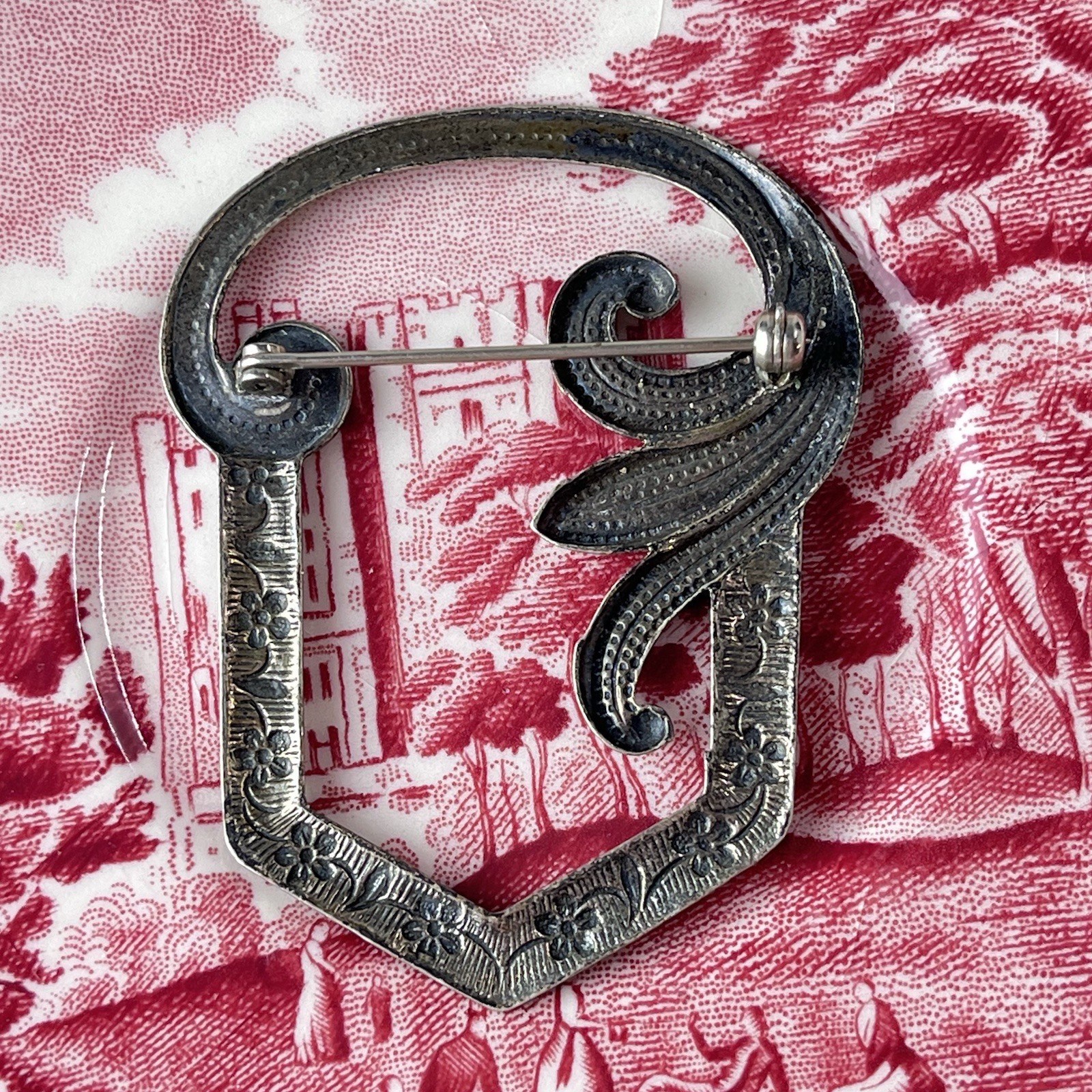 Antique Silver Plated Brooch – Art Nouveau Era – Floral Scroll Engraved Design