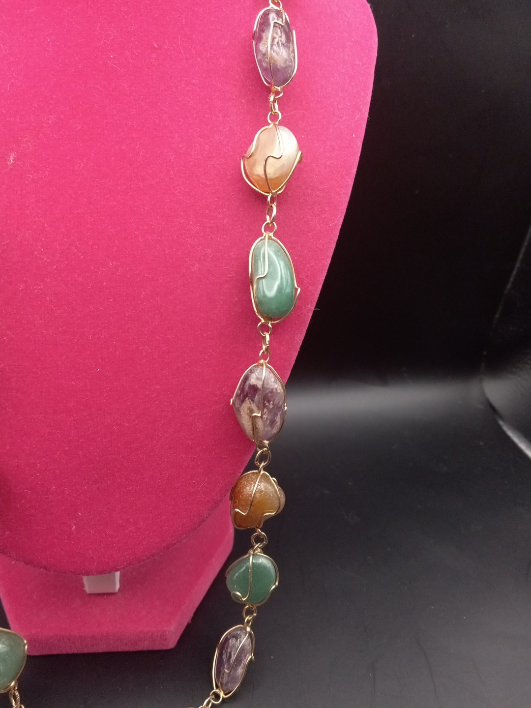 Vintage Amethyst, Jade Agate, Carnelian Goldgilt Wire Long Necklace