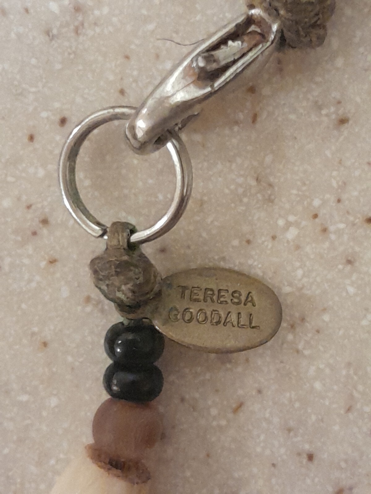Vintage Teresa Goodall necklace signed ~multiple beads one carved bead Artisan