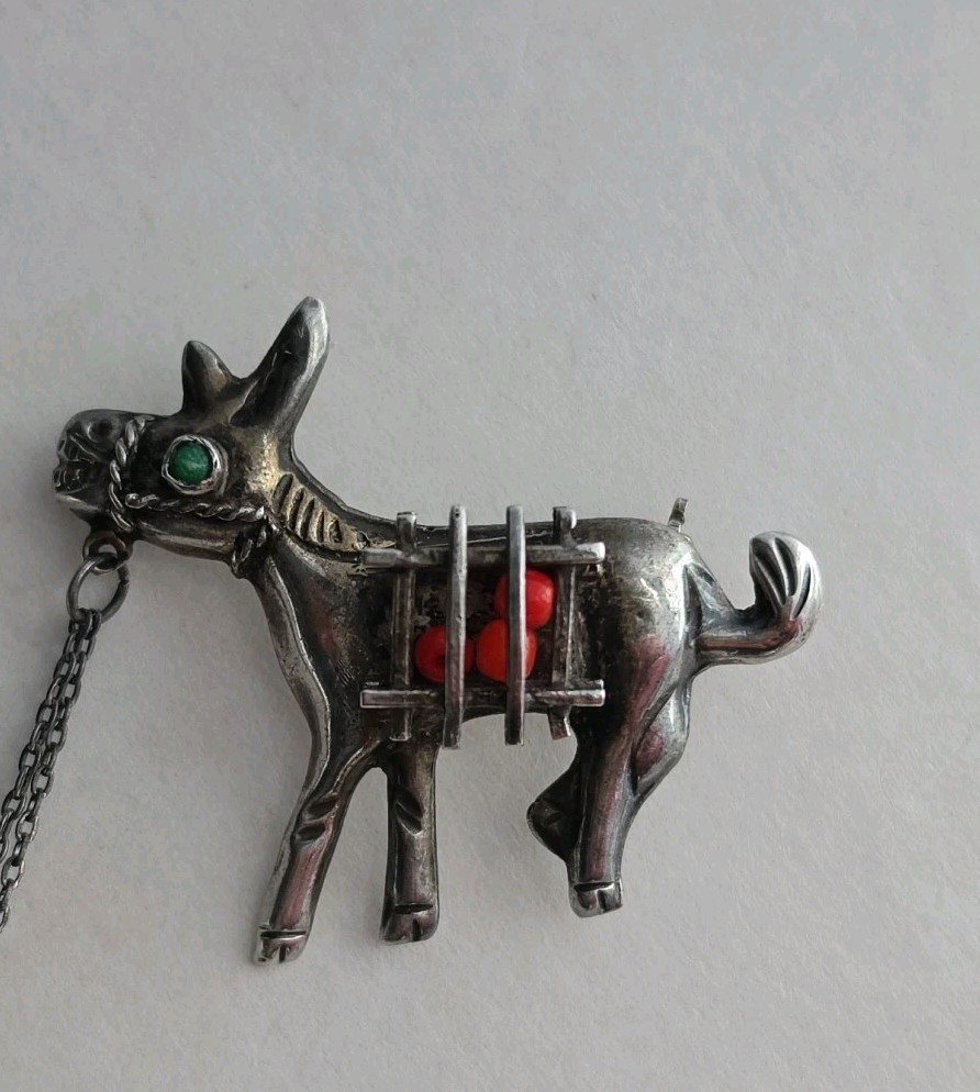 1950’s Mexico 925 Burro Chained To Fruit Seller Man Double Pins