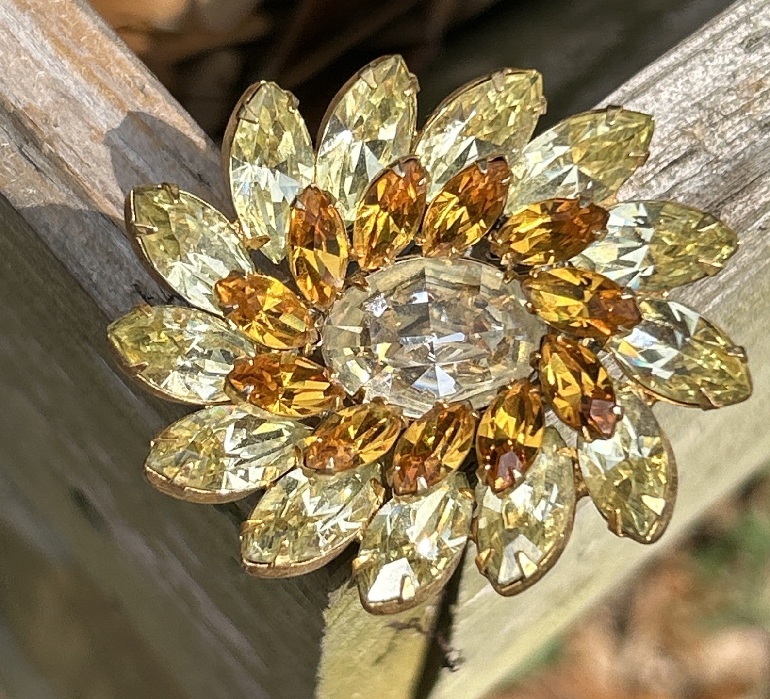 Vintage Kramer of New York Golden Brown Yellow & Clear Rhinestones 2″ Wide