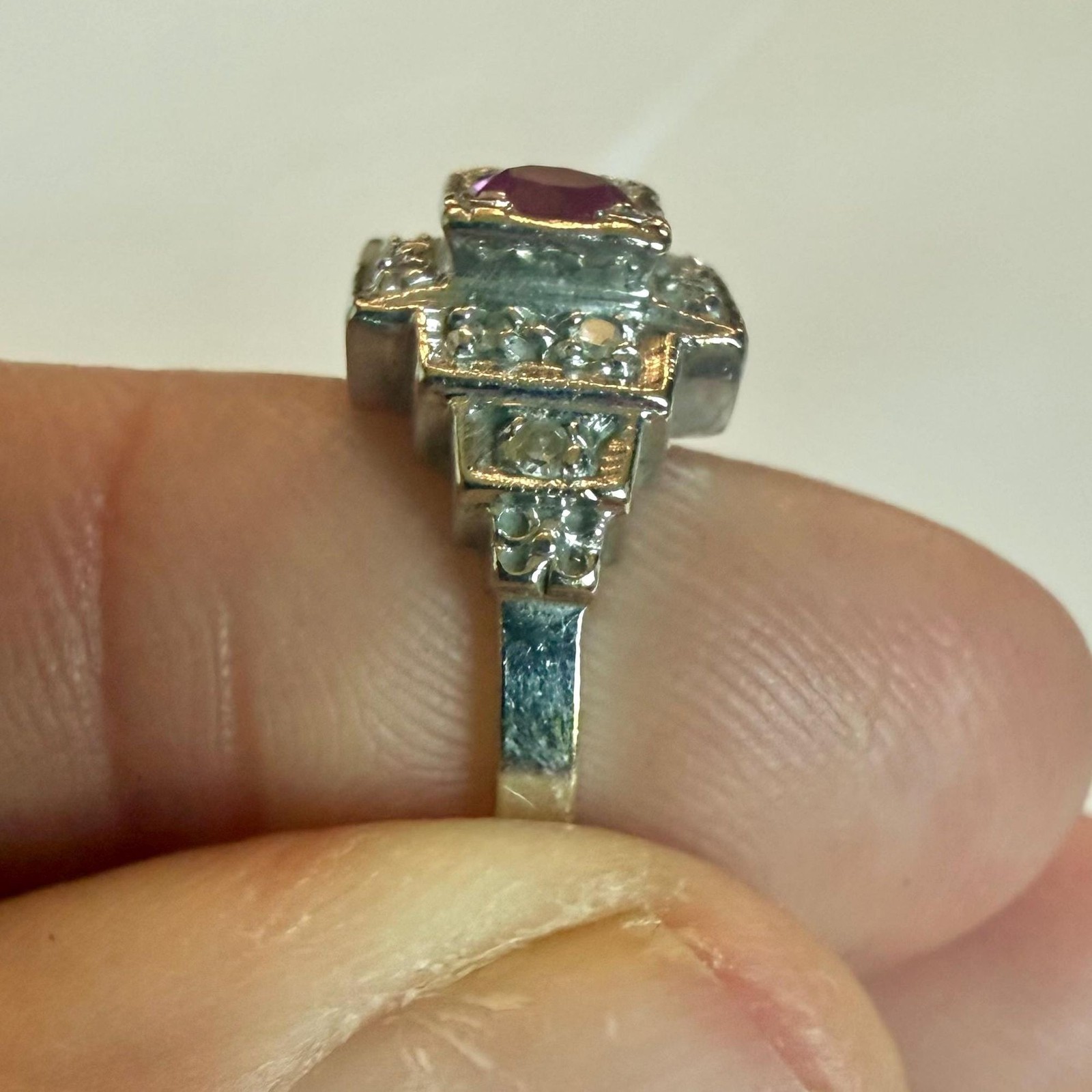 Vintage 14K White Gold Ruby Red Stone Ring Art Deco Estate Diamond Ring 5.75