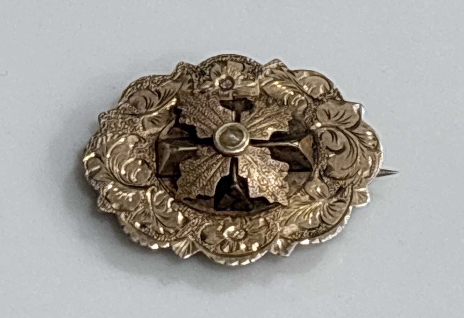 Antique Victorian Gold Filled Brooch Pin Floral Repousse Oval 3D Cross Vintage