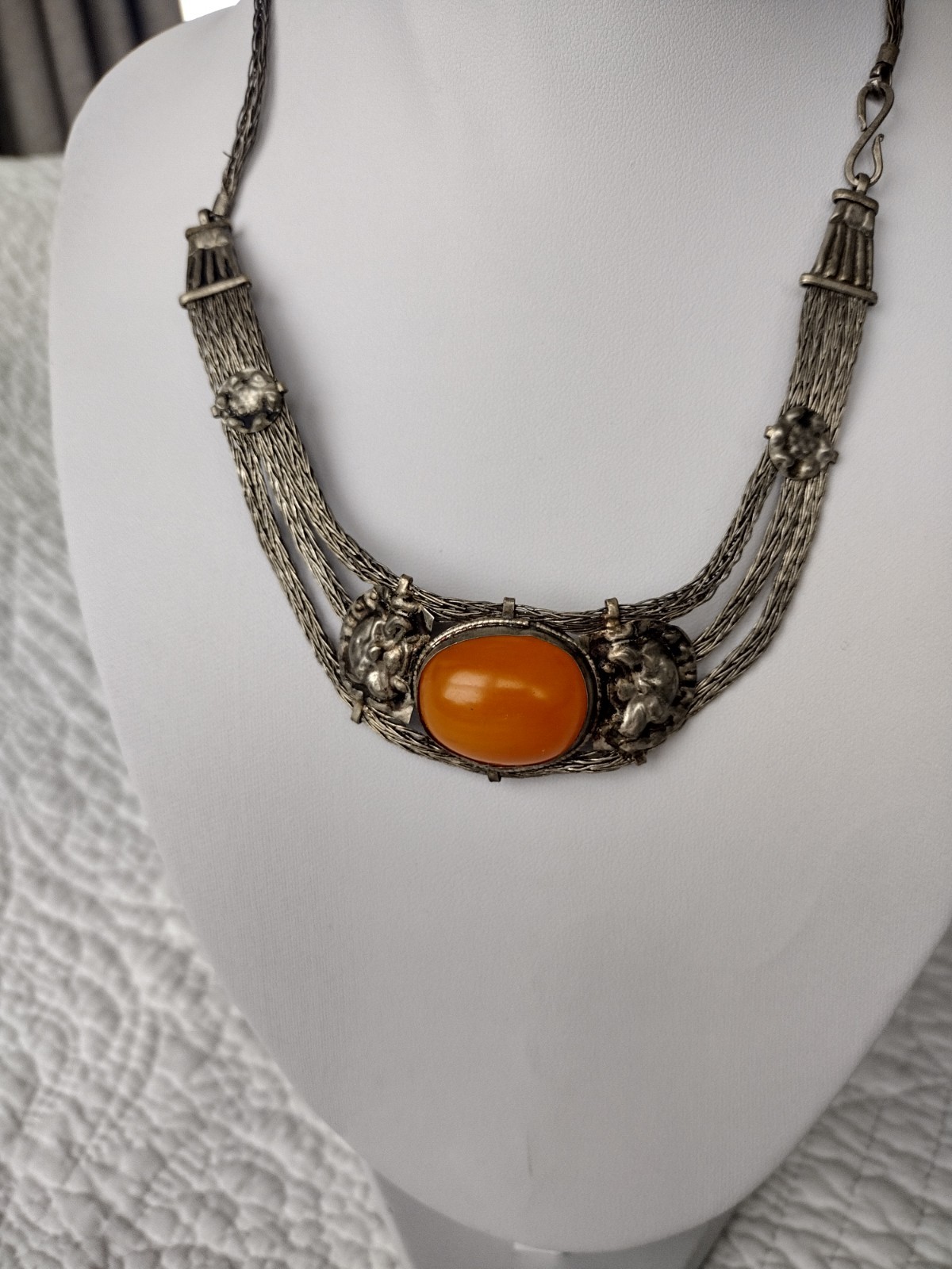 Vintage Antique Tibetan Silver Mesh Orange Beeswax Amber Necklace Jewlery