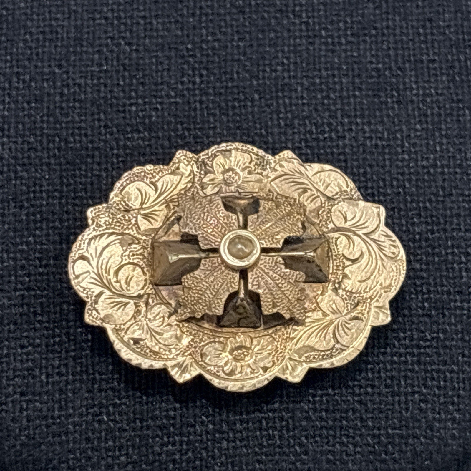 Antique Victorian Gold Filled Brooch Pin Floral Repousse Oval 3D Cross Vintage