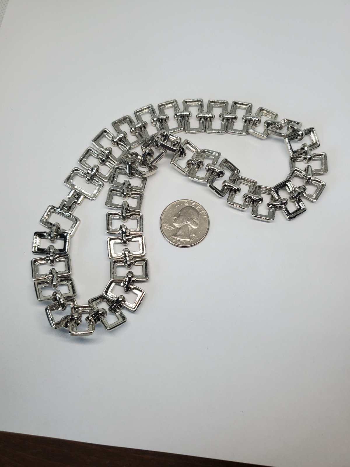 Vintage Silver Tone Rectangle Link Collar Necklace 17″