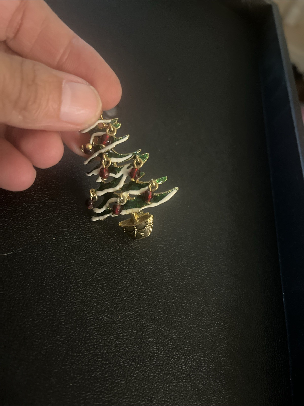Avon Green Enamel Red Crystal Dangle Ornament Gold Tone Christmas Tree Brooch