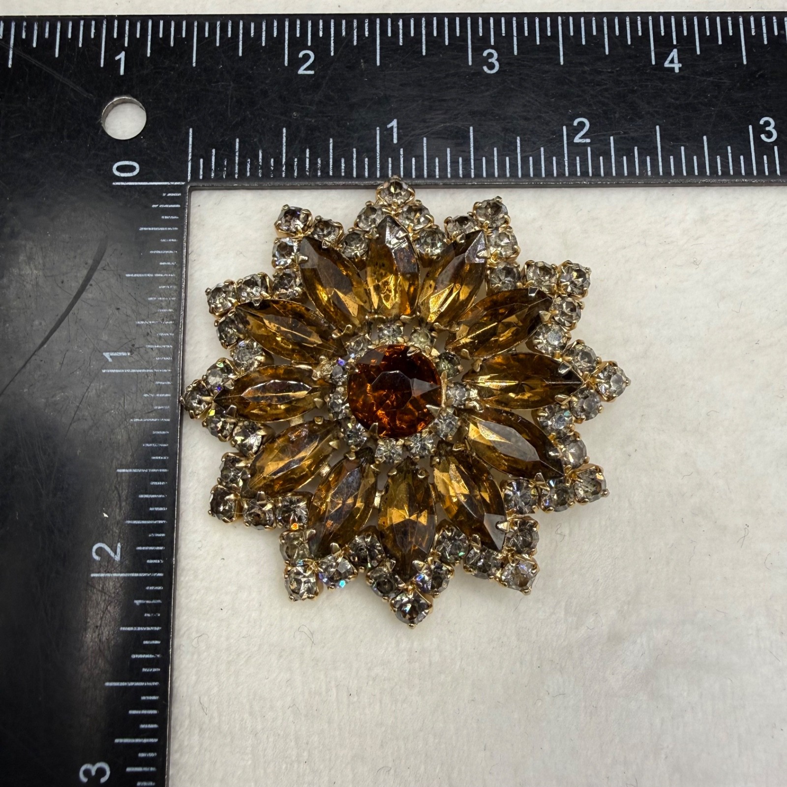 Vintage Rhinestone Brooch Orange Gold Tone Browns Lots of Sparkle