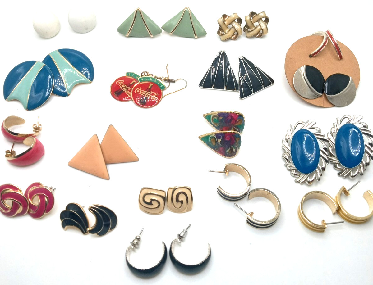 Vintage Enamel Pierced Earrings 80’s & More Colorful Variety Lot of 64 Pairs