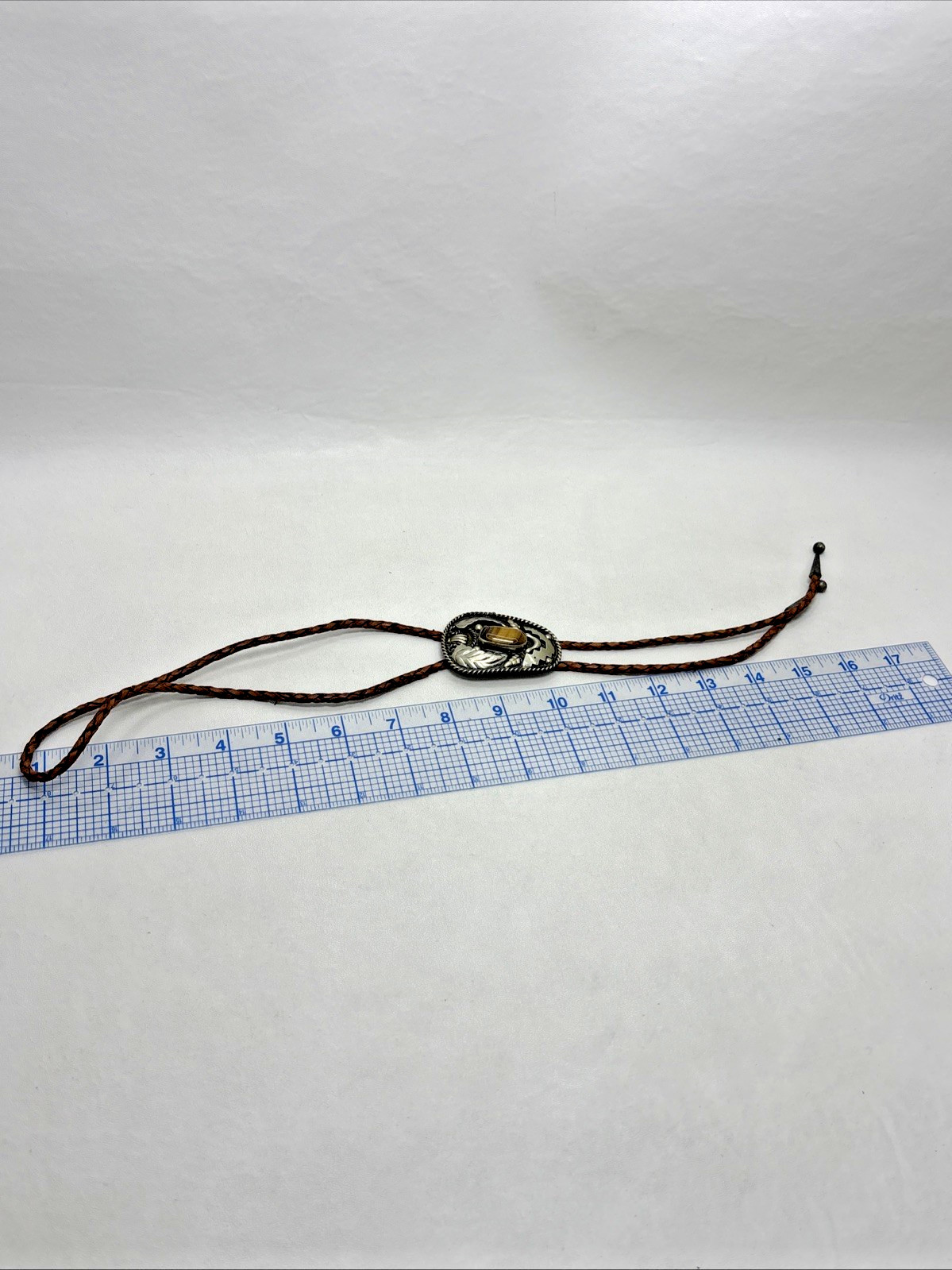 Vintage Tooled Alpaca Silver Tiger’s Eye Bolo Tie Braided Leather Southwestern