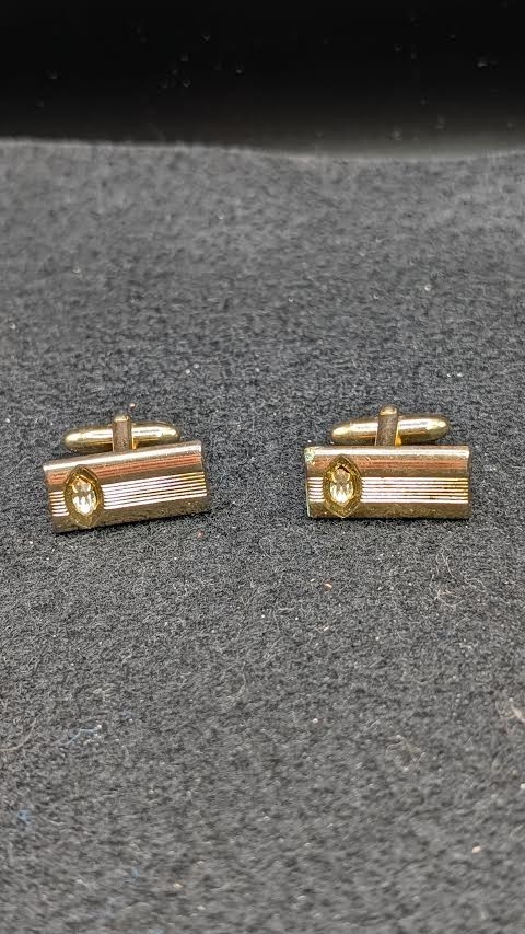 Vintage Speidel Gold Tone Rectangular Cufflinks With Rhinstone Clear