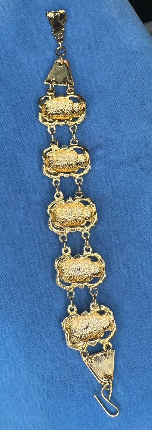 Gold Tone Double Linked Scarab Bracelet Red And Blue Enamel 7”