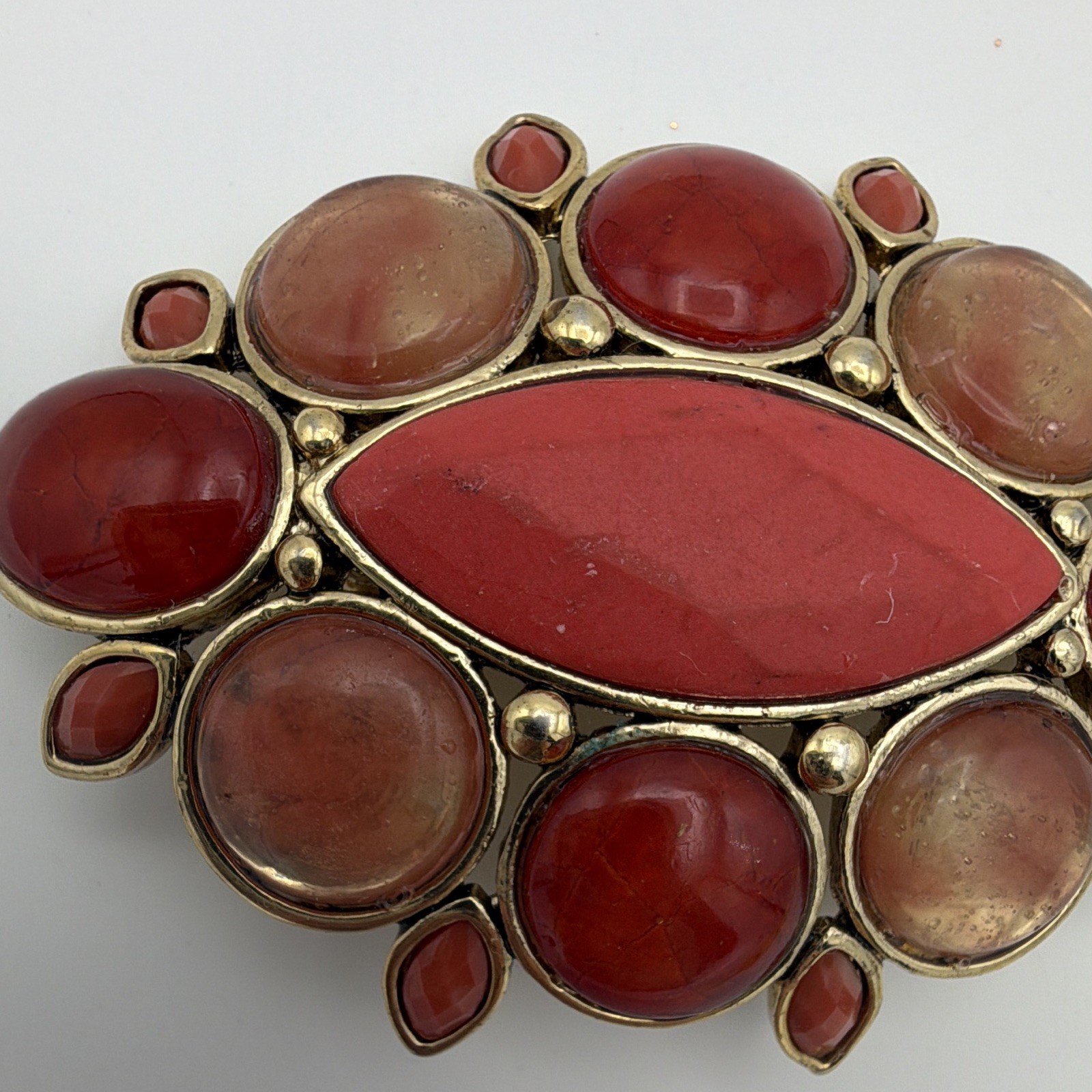 Signed Oval Red and Orange Cabochon Stone Brooch Pin Gold Tone Bezel Set