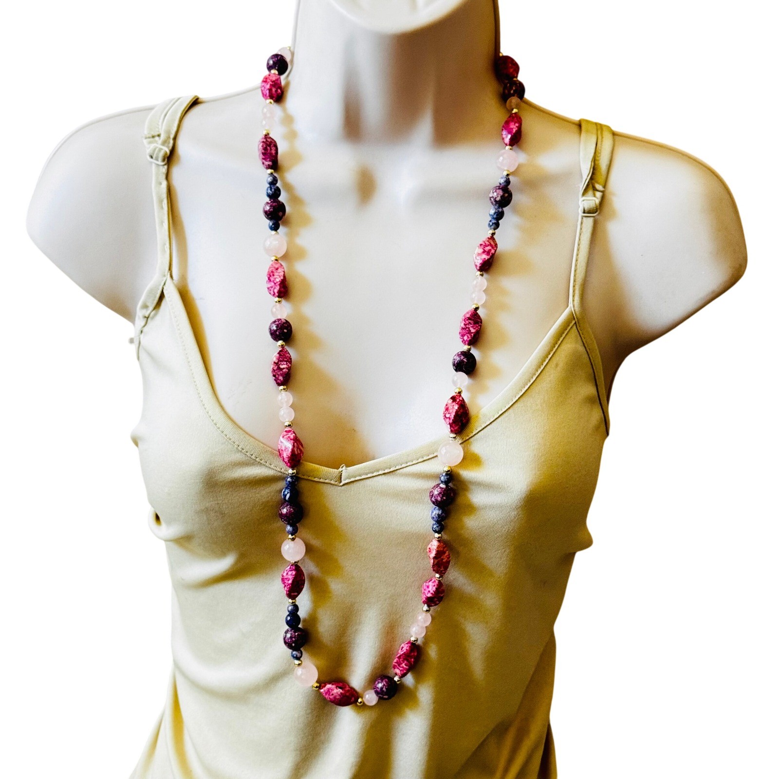 VTG Czech Art Glass Beaded Picasso Necklace Purple Pink Quartz Beads Flapper 34″