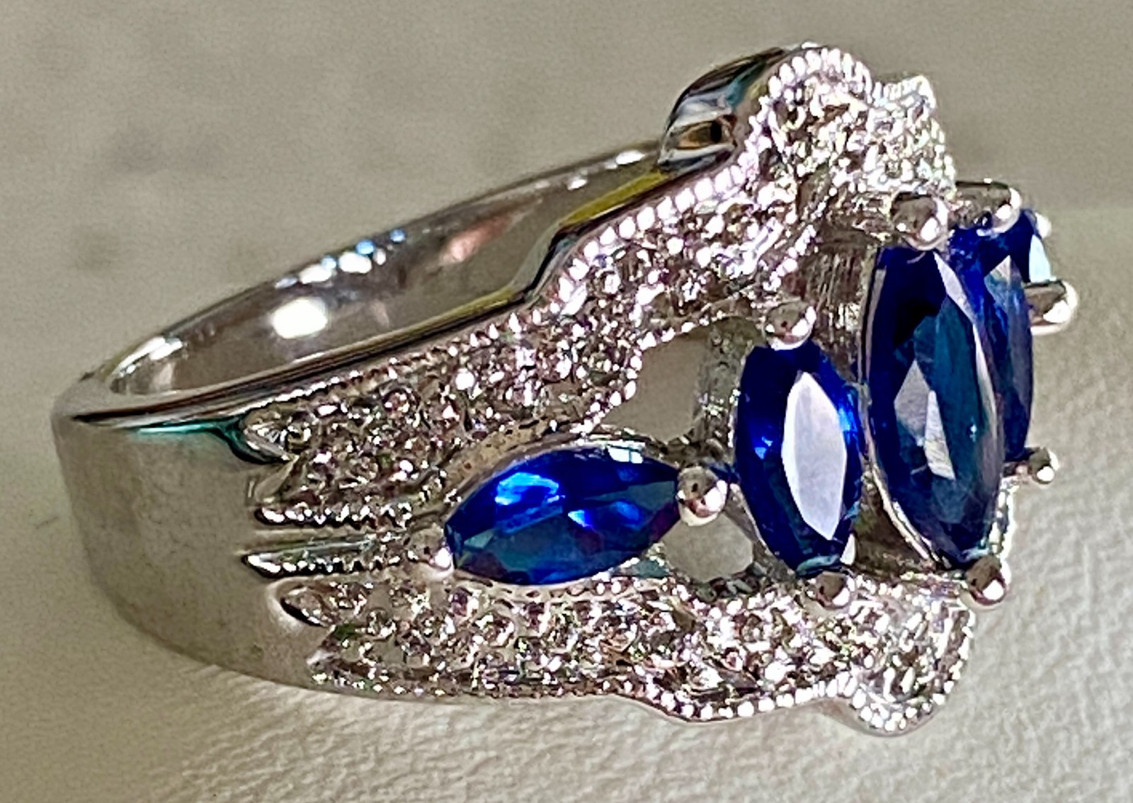Faux Sapphire Crystal Statement Cocktail Ring Marquise Cut Prong Set Band Size 8