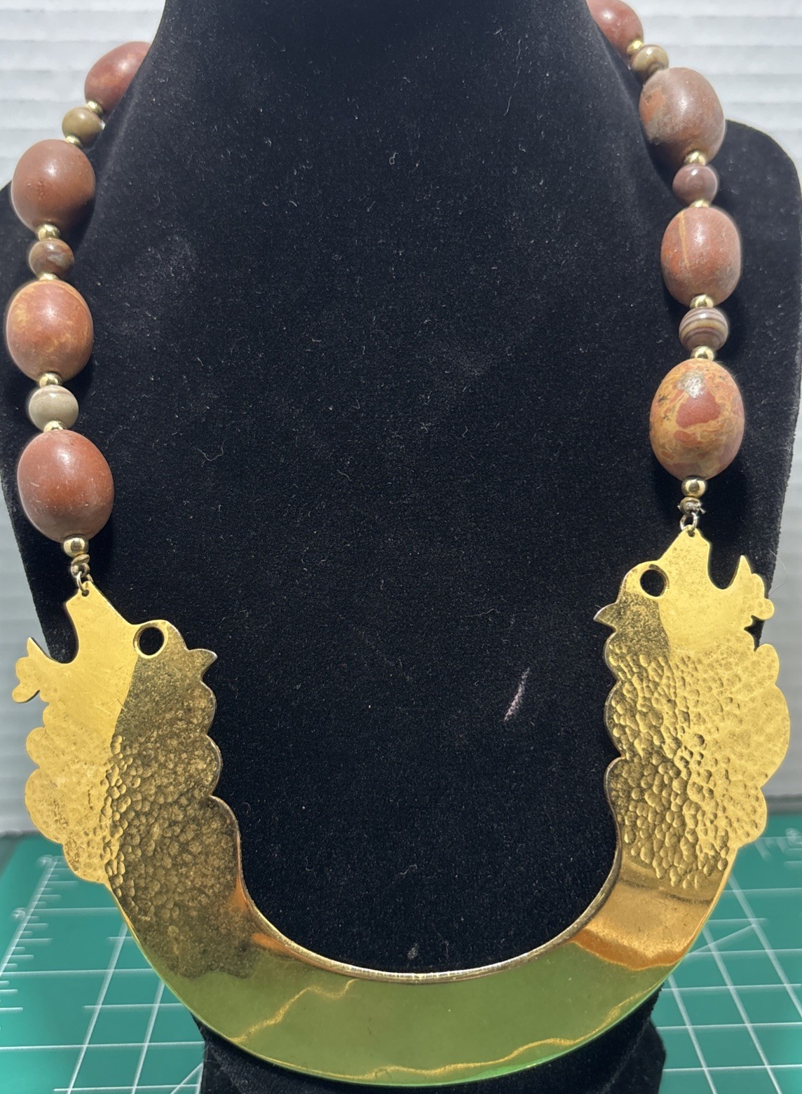 Signed S.H. 1984 Bold Brass Dragon Lion Stone Beaded Necklace 9” Drop
