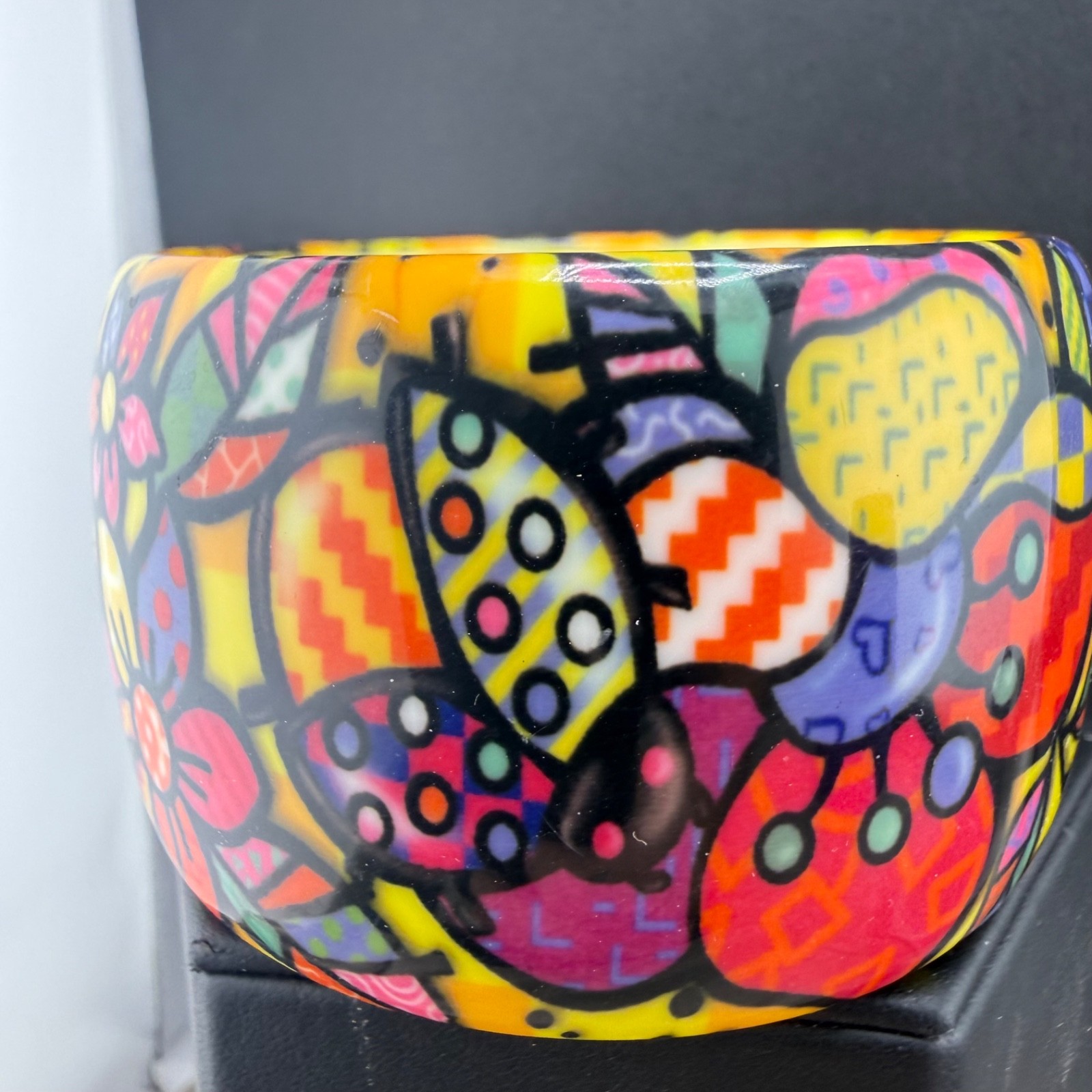 Retro Colorful Bangle Bracelet Wide Chunky Bright Flowers 8.5”