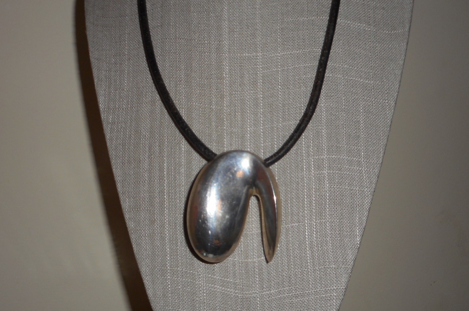 Large Modernist Sterling Organic Abstract Sculptural Pendant on Leather Cord 21″