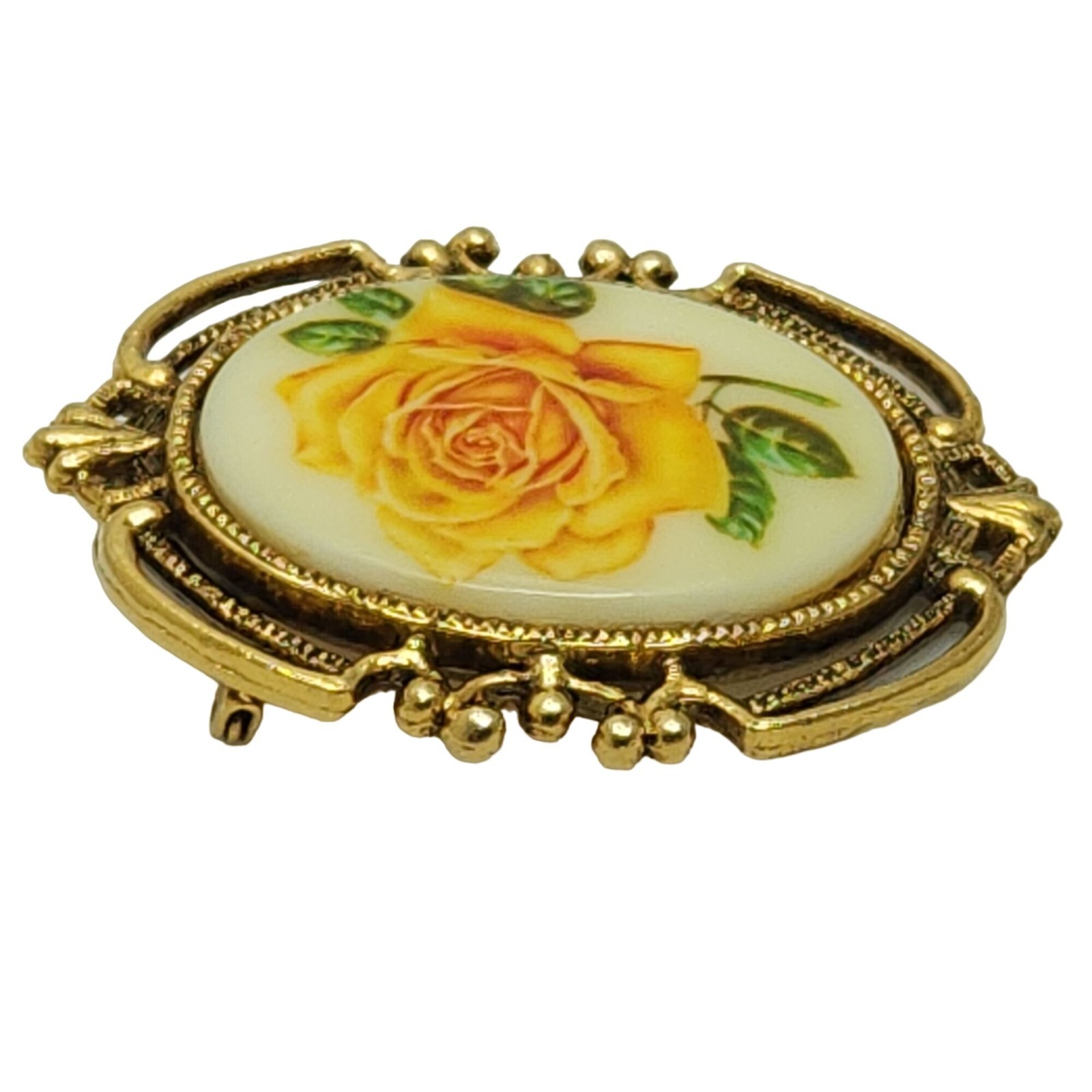 Vintage Yellow Rose Cameo Brooch Gold Tone Ornate Pin Romantic Gift for Her