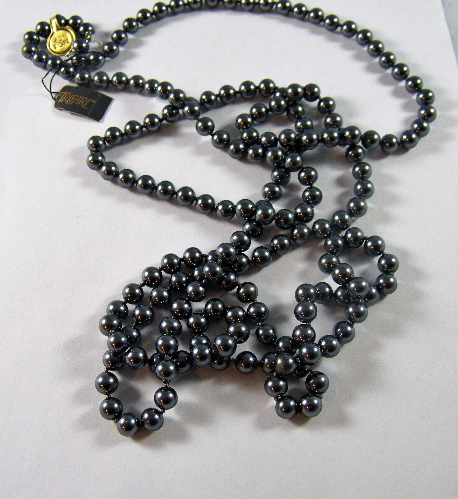 NEW VINTAGE TRIFARI ~ DARK GREY / FAUX PEARL / 60″ NECKLACE / 8mm PEARLS