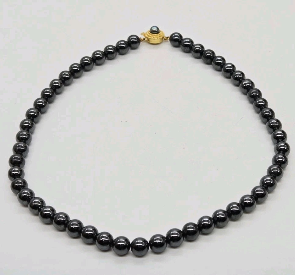 Hematite Beaded Choker Necklace Black Ball Vintage Fancy Clasp Couture Gold tone