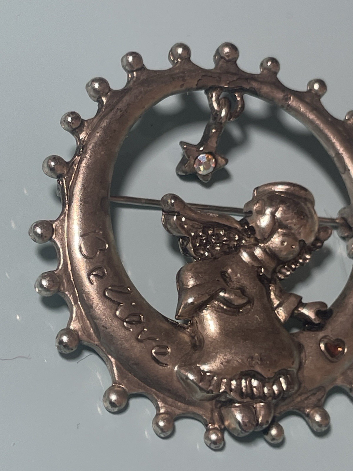 Danecraft Angel on Crescent Moon Brooch Vintage Silver Tone Rhinestone Star Sign