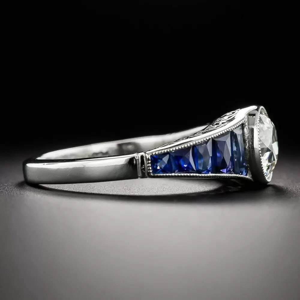 Art Deco Lab Created Diamond & Sapphire 14K White Gold Finish Party Wear Ring