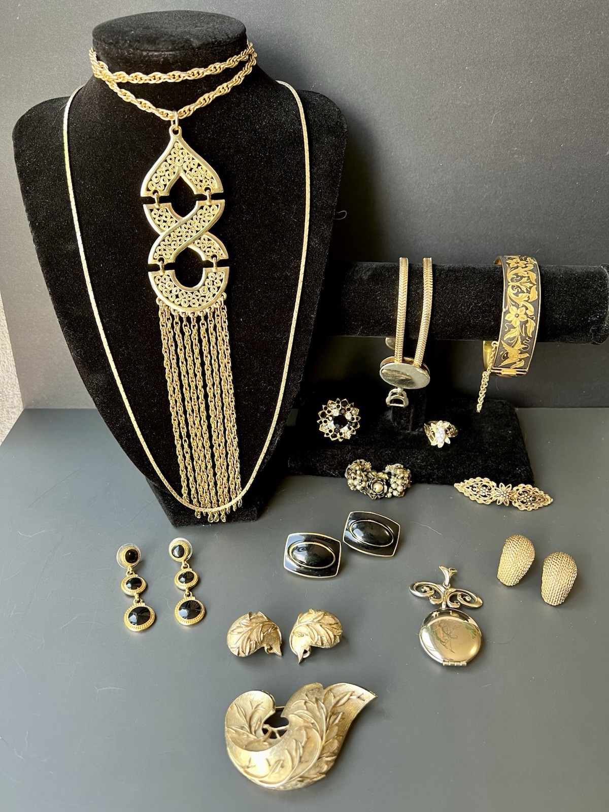 Vintage Gold Black Jewelry Lot —Damascene, Trifari, Sarah Coventry, Monet, More