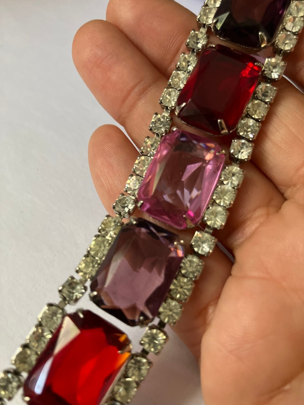 Vintage Rhinestone Panel Bracelet Square Cut Chunky Bling Purple Pink Red Clear