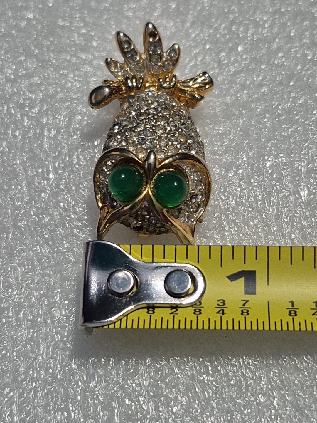 Vtg Owl Green Cabochon & Clear Rhinestone Goldtone Brooch/Pin-2 Stones Missing
