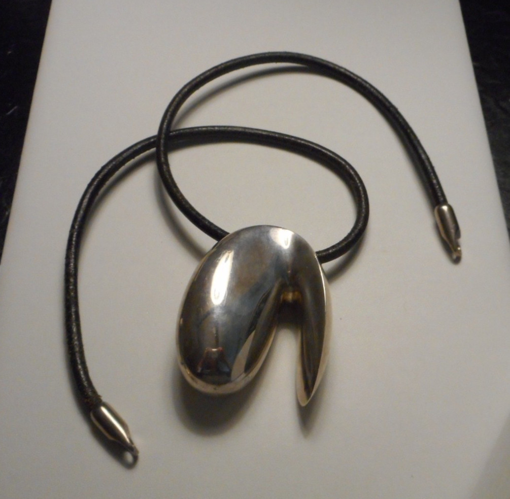 Large Modernist Sterling Organic Abstract Sculptural Pendant on Leather Cord 21″
