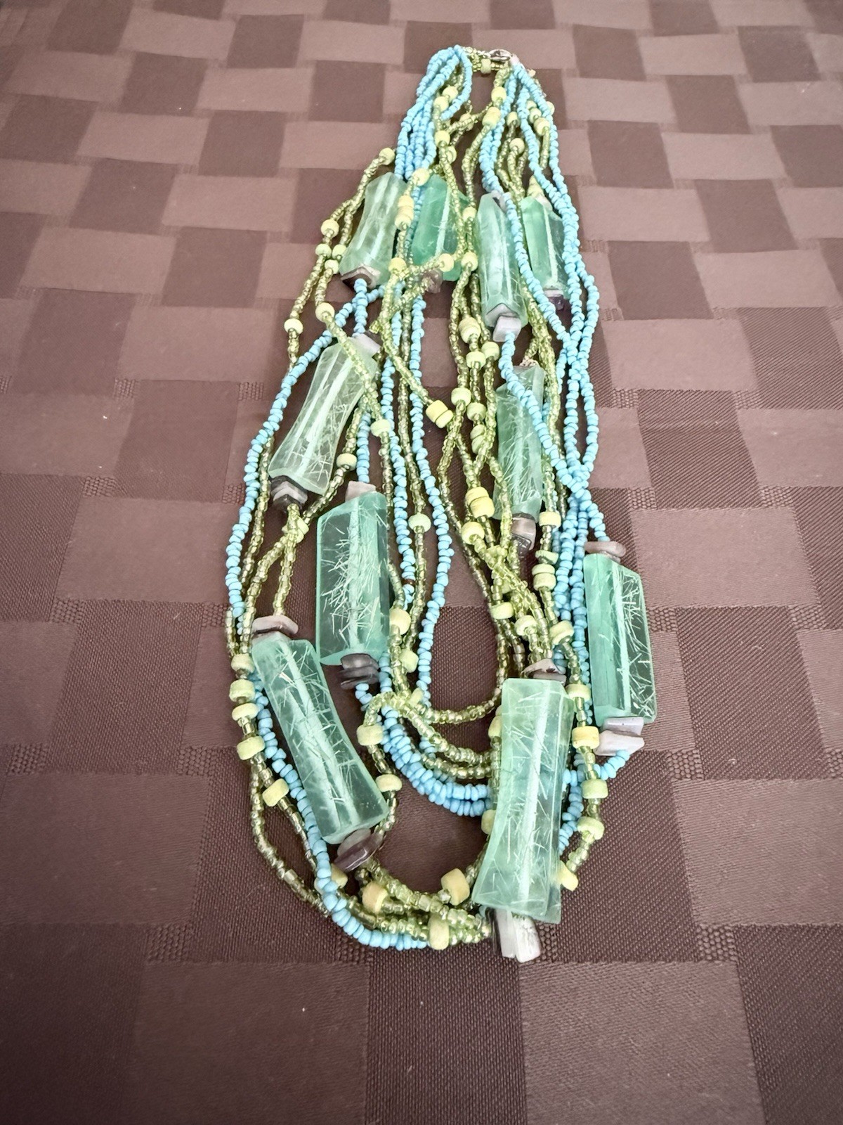 Vintage Multi-Strand Statement Necklace Teal Blue Green Chunky Lucite