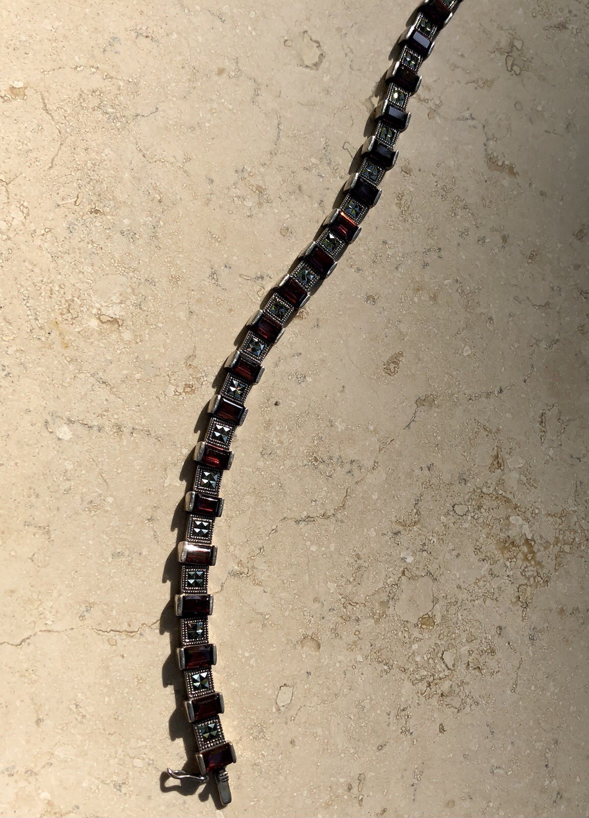 ❤️✨VINTAGE Sterling Silver EMERALD CUT GARNET & MARCASITE ESTATE Tennis Bracelet