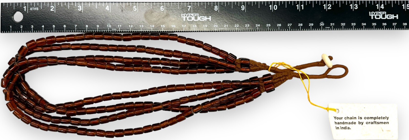 Vintage India Glass Handmade 4 Strand Brown Tube Beads Necklace 25″ Loop Clasp