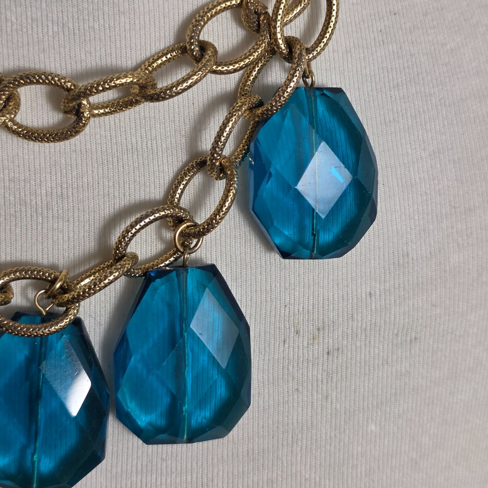 Unbranded Statement Necklace Gold Tone Snake Style Link Chain & Blue Glass Beads