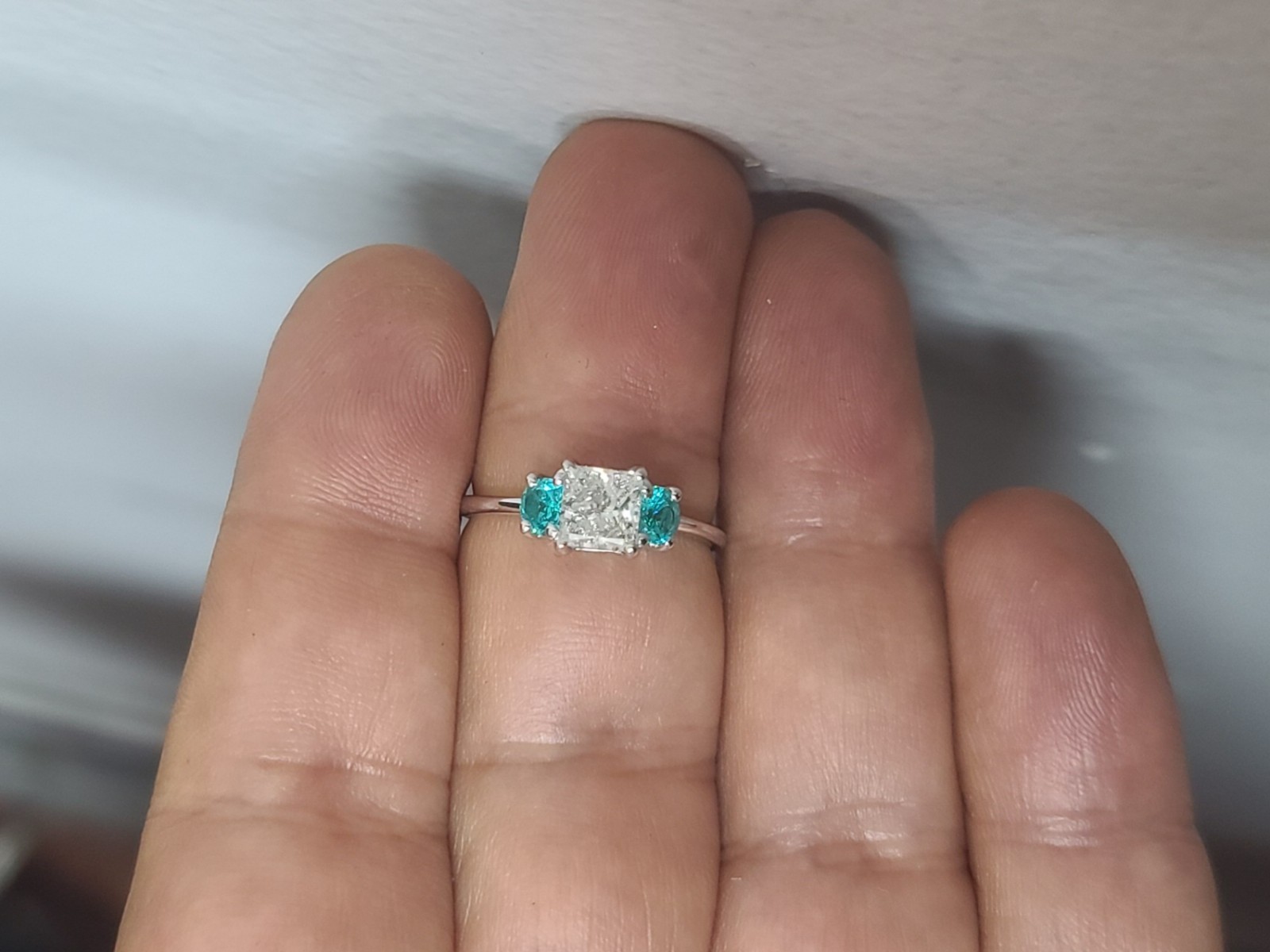 14K White Gold Engagement Three Stone Ring 1.02CT.Natural Princess Cut Diamond