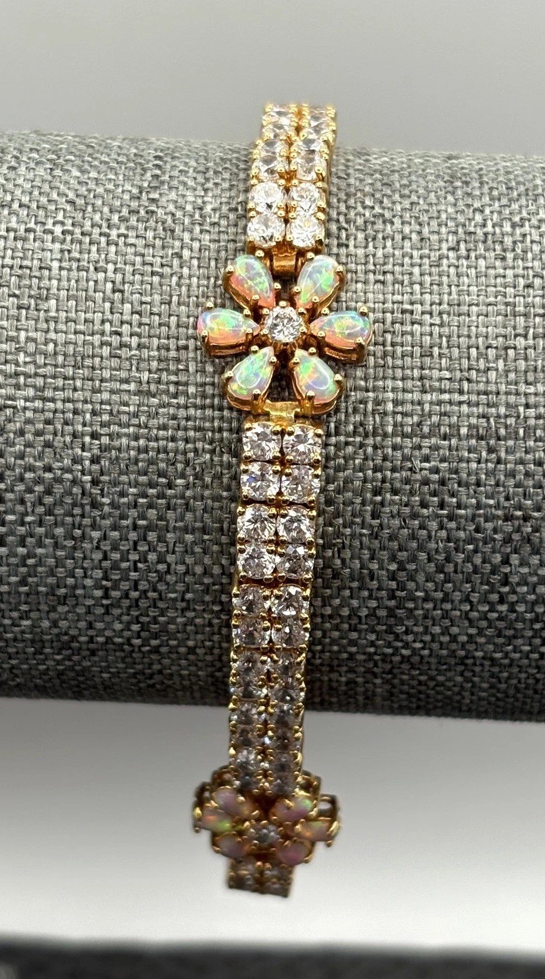 VTG Vermeil Sterling Silver 925 Opal & CZ Tennis Flower Boho Bracelet Floral 8”