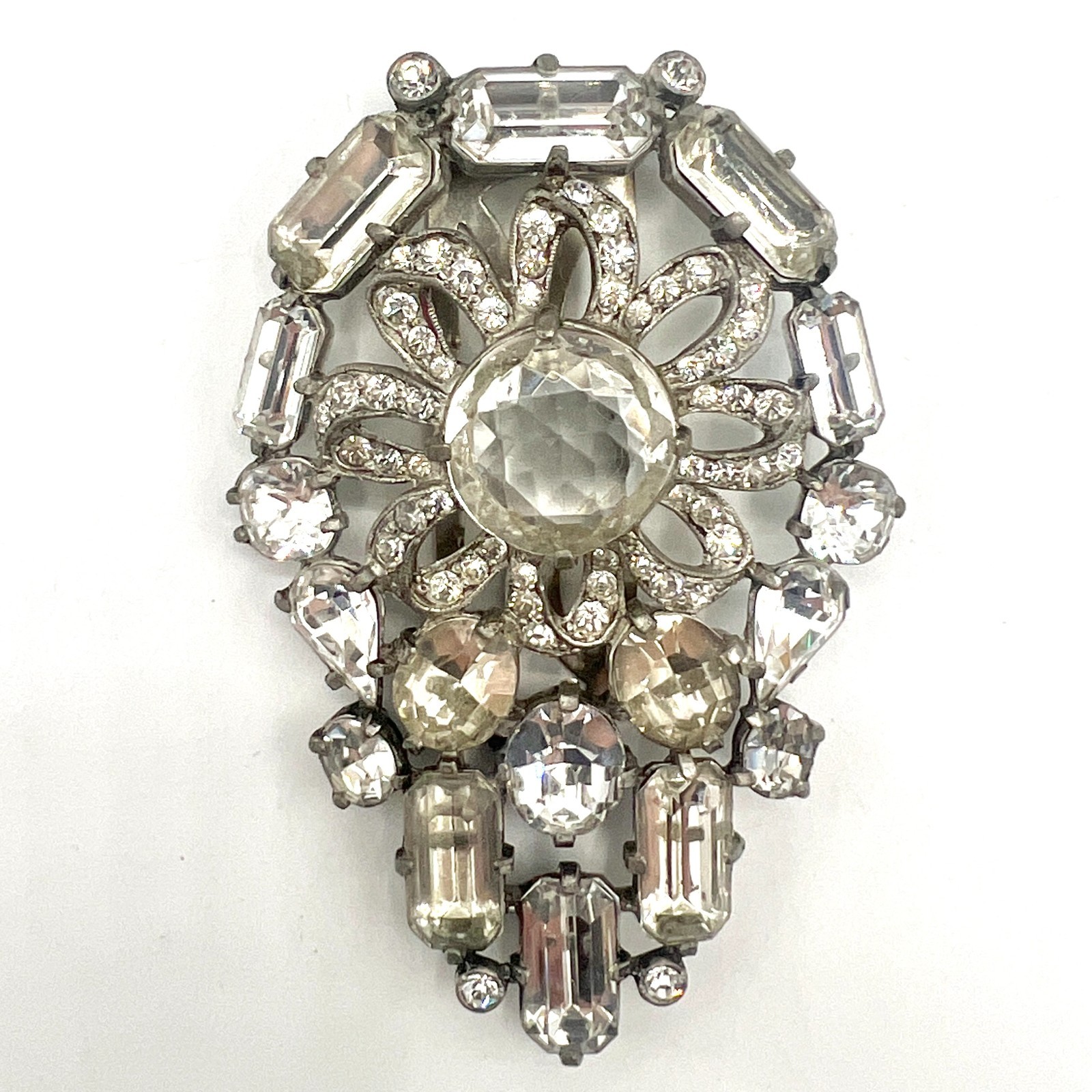 Vintage Eisenberg Original Signed Clear Rhinestone Dress Clip Art Deco Pot Metal