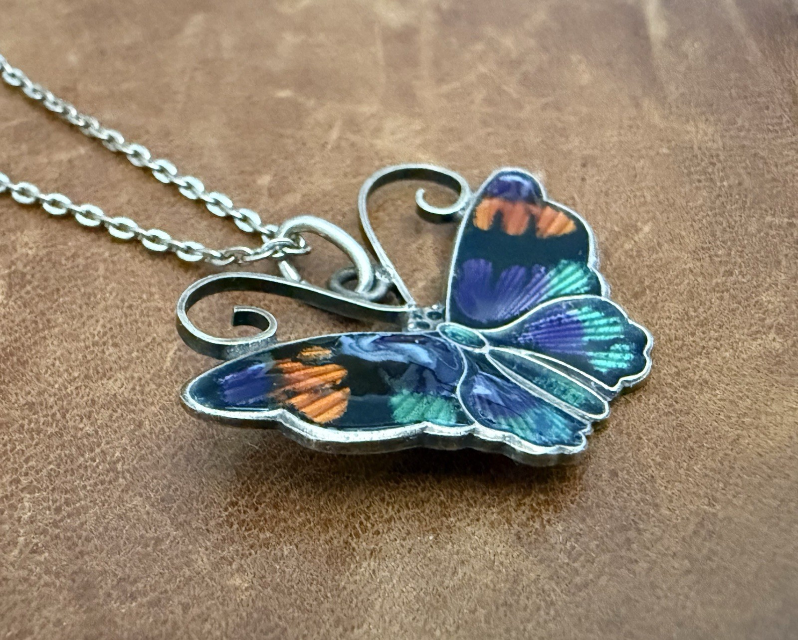 David-Andersen 925S Multi-Color Guilloche Enamel Butterfly Pendant Necklace 18”