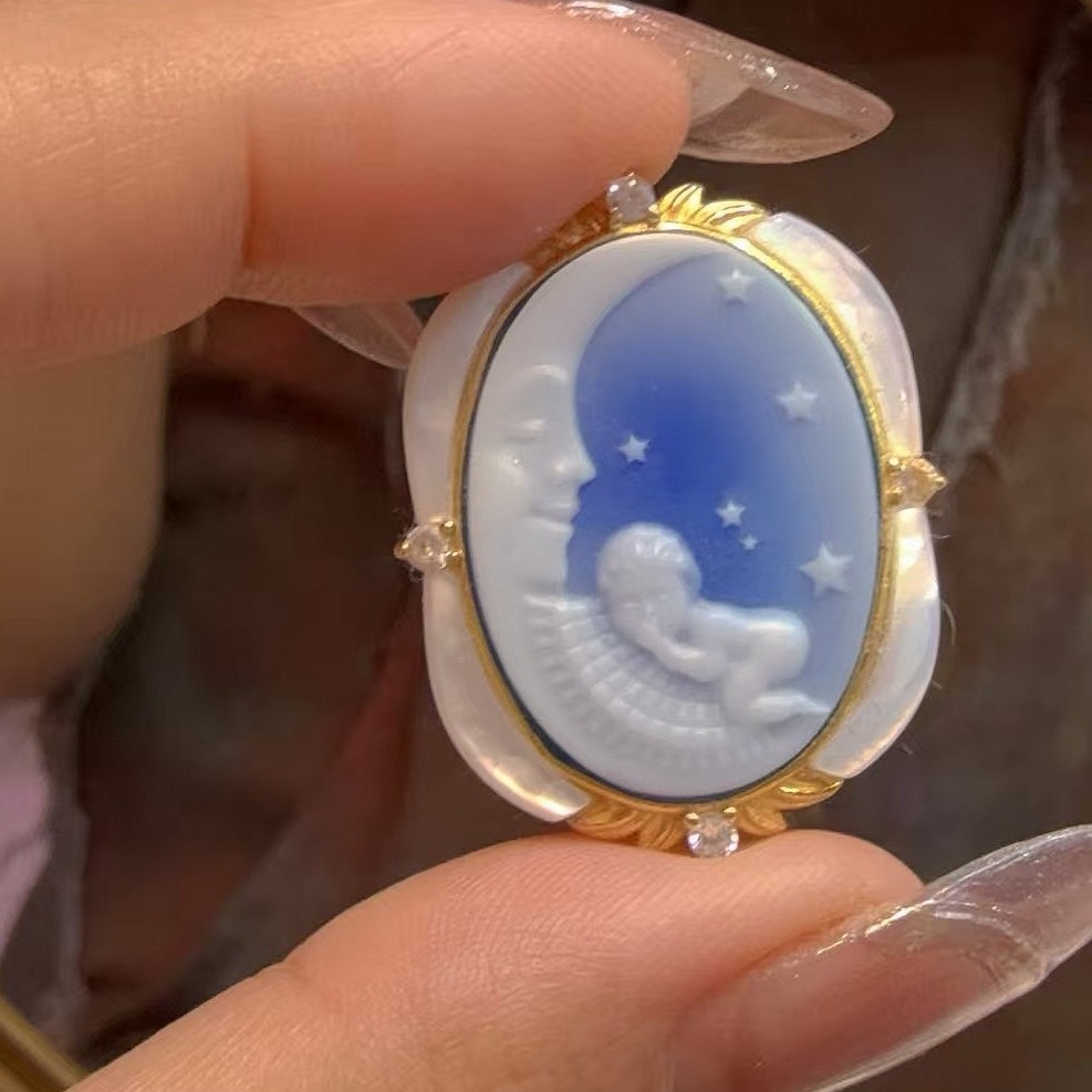 vintage Cameo Brooch pendant blue agate silver antique jewelry anniversary gift