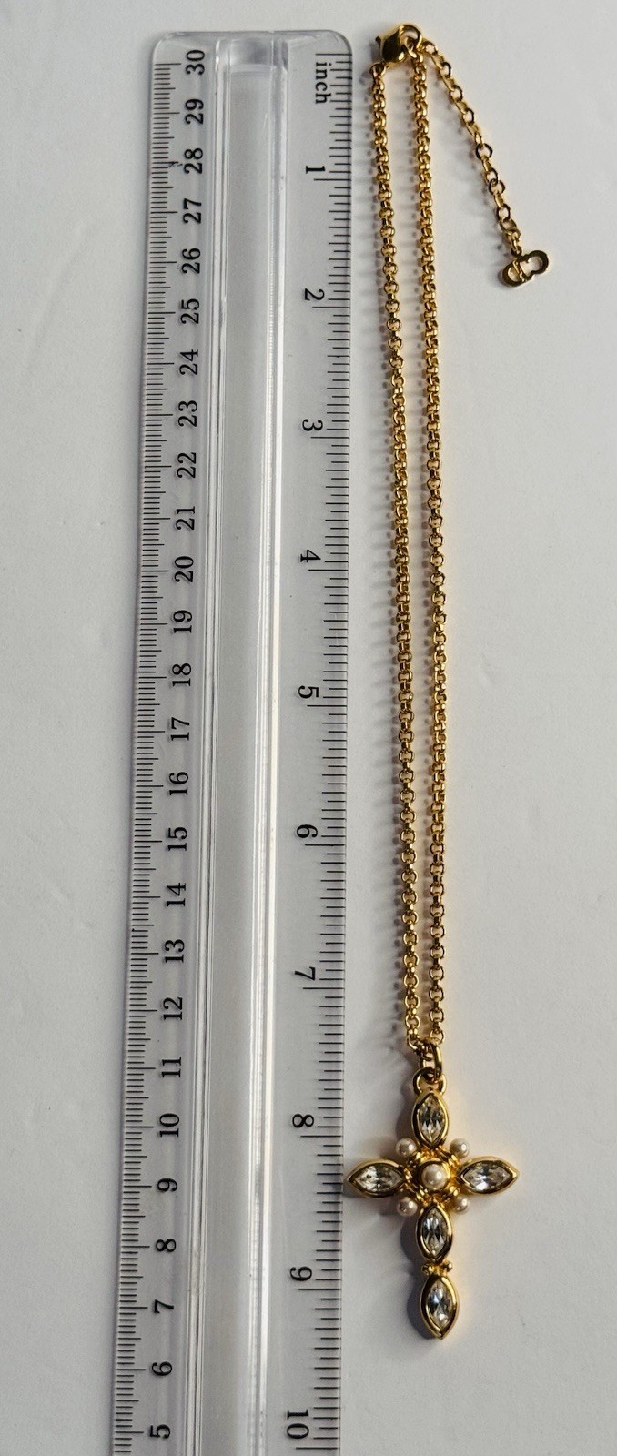 Extremely Unique Christian Dior Crystal and Faux Pearl Cross Pendant Necklace