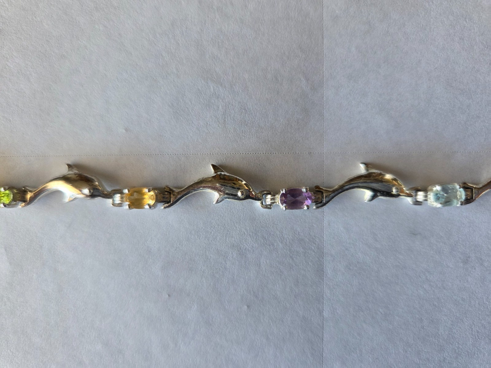 Sterling Silver Vintage 925 Dolphin Link Multi-Stone Bracelet